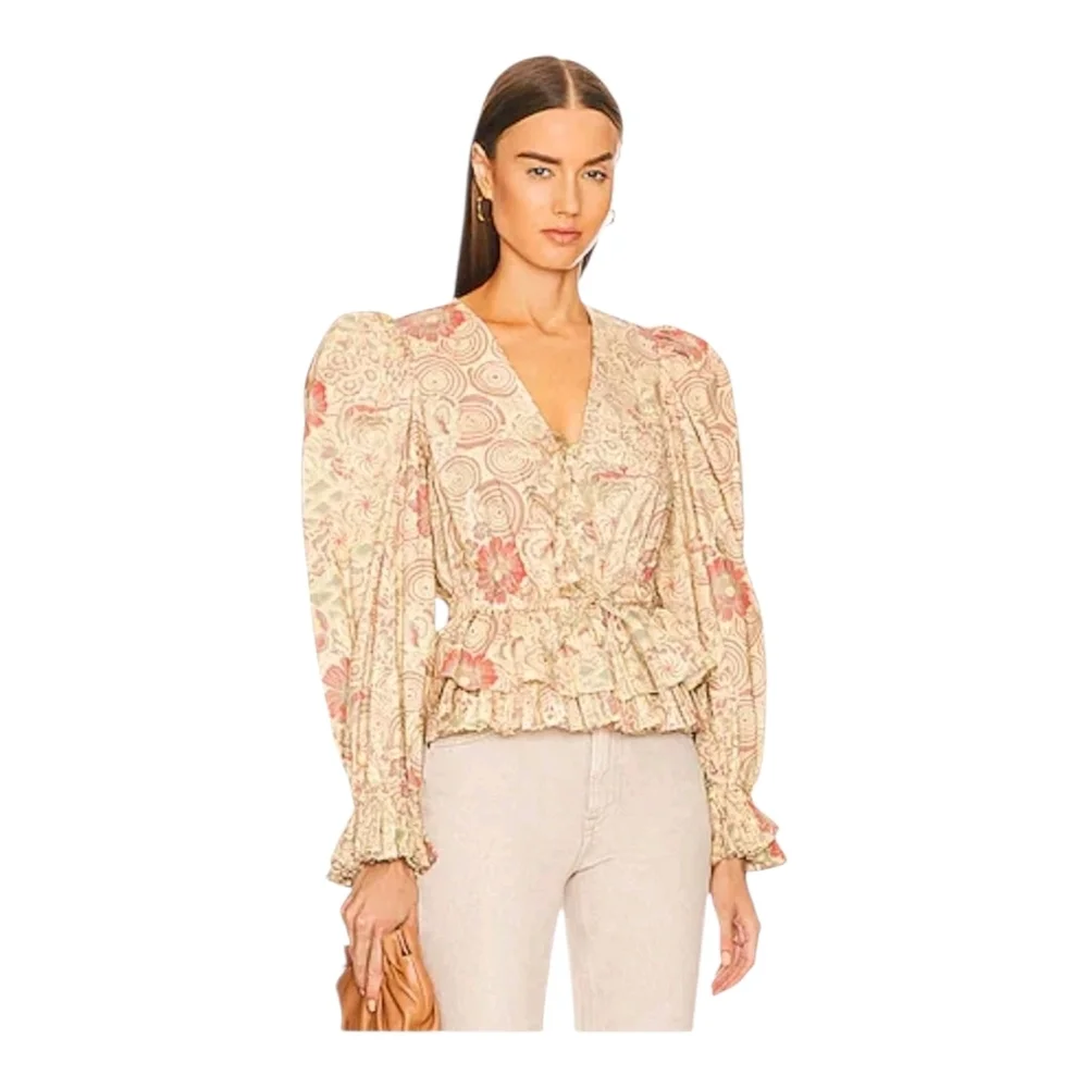 Ulla Johnson Womens Yellow Floral Print Puff Sleeve Pleated Ren Blouse 0